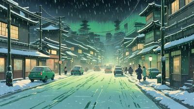 The primary subject of the image is a snowy street with cars driving down it. The setting is a city street with buildings on both sides, and the visual style is a digital art or illustration. The colors and mood of the image are predominantly dark and cold, with the snow covering the ground and the streetlights illuminating the scene.